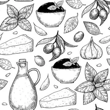 Seamless pattern with pesto sauce elements, basil leaves, garlic, parmesan .. Stockillustratie
