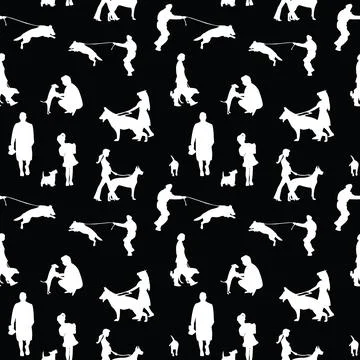 Seamless pattern of pet and owners holding or walking a dog, Barkitecture con Stock Illustration