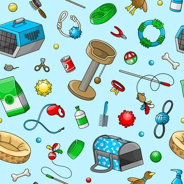 Seamless pattern with pet goods blue background Stock Illustration