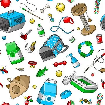 Seamless pattern with pet goods white background Stock Illustration