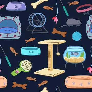 Seamless pattern with pet supplies. Elements of veterinary and pet shop ele.. Stock Illustration
