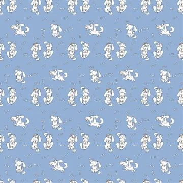 Seamless pattern with pets. Blue background with 4 cute White dogs. A boy and a  Stock Illustration