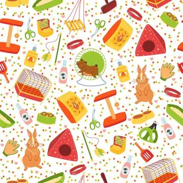 Seamless pattern with pets. Rodents care tools, cage with house, drinking bowl 스톡 일러스트
