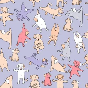 Seamless pattern. pets yoga. cute colorful puppies go in for sports, gymnastics  Illustrazione stock