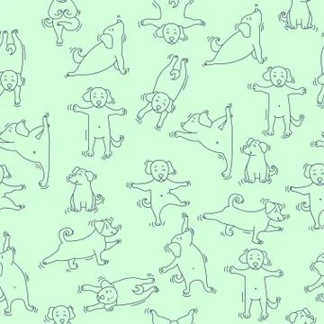 Seamless pattern. pets yoga. Dog yoga - cute puppies doing exercises and standin Stockillustratie