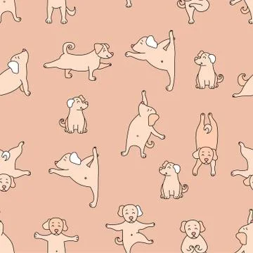 Seamless pattern. pets yoga. Dog yoga - cute puppies doing exercises and standin Illustrazione stock