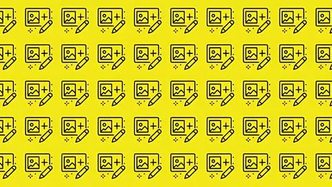 Seamless Pattern of Photo Editing Icons with Pencil and Plus Sign on Yellow.. Stockillustratie