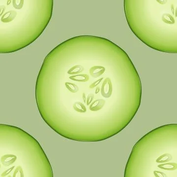 Seamless pattern with photo-realistic 3d slice juicy cucumber in top view Stock Illustration