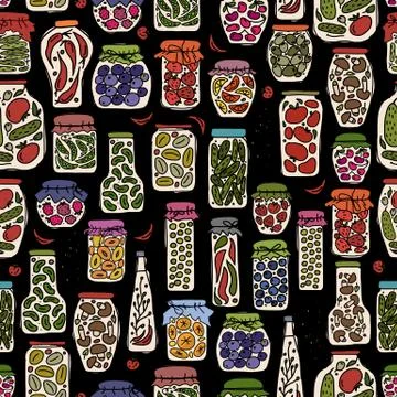 Seamless pattern with pickle jars fruits and vegetables Stock Illustration