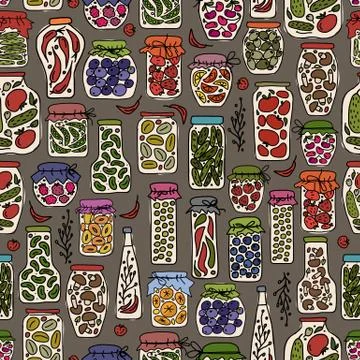 Seamless pattern with pickle jars fruits and vegetables Stock Illustration