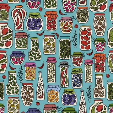 Seamless pattern with pickle jars fruits and vegetables Stock Illustration