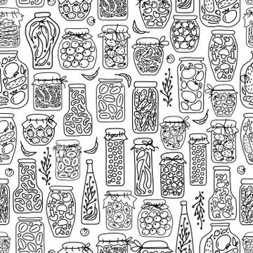 Seamless pattern with pickle jars fruits and vegetables Stock Illustration