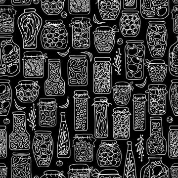 Seamless pattern with pickle jars fruits and vegetables Stock Illustration