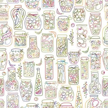 Seamless pattern with pickle jars fruits and vegetables Stock Illustration