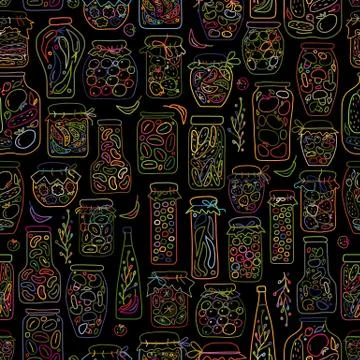 Seamless pattern with pickle jars fruits and vegetables Stock Illustration