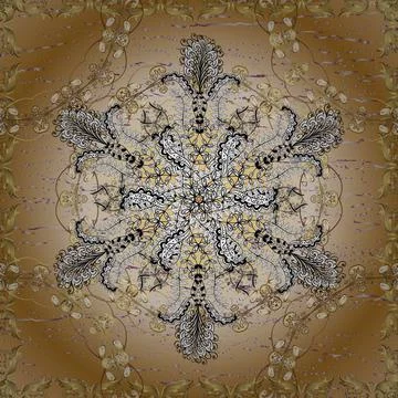 Seamless pattern. Pictures in orange, beige and white colors. Flourish labels. B 스톡 일러스트