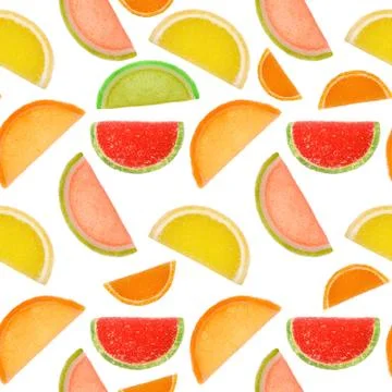Seamless pattern of pieces of colored marmalade isolated on white background Stock Photos