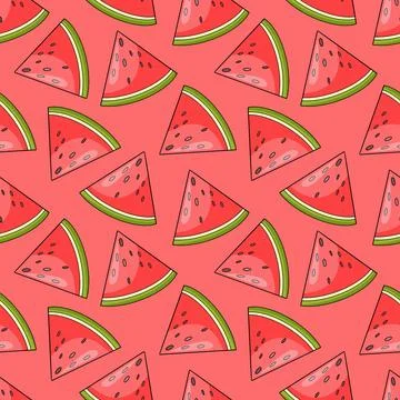 Seamless pattern with pieces of juicy bright watermelon on a pink background Stock Illustration