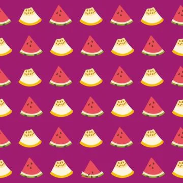 A seamless pattern of pieces of melon and watermelon on a dark purple background Stock Illustration