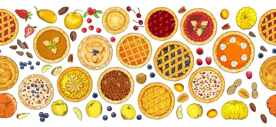 Seamless pattern of pies with different toppings. Vector illustration isolate Stock Illustration