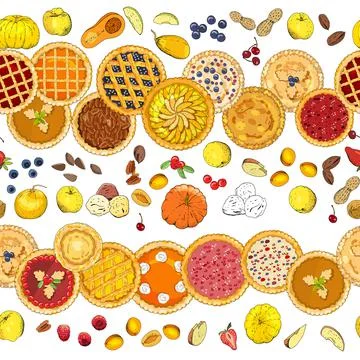 Seamless pattern with pies, fruits, nuts, apples, pumpkins, berries. Set of p Illustrazione stock