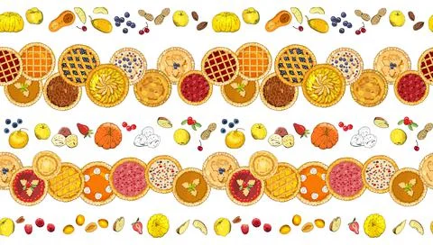 Seamless pattern with pies, fruits, nuts, apples, pumpkins, berries. Stock Illustration