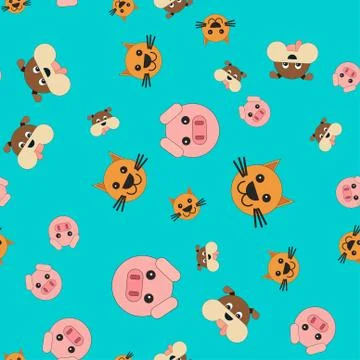 Seamless pattern of pig and dog cat heads. Stock Illustration