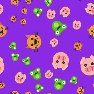 Seamless pattern of pig head cat and frog. Stock Illustration