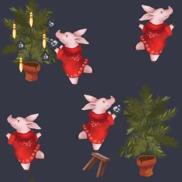 Seamless pattern. Pig symbol of the year 2019 decorates the Christmas tree. New Stock Illustration