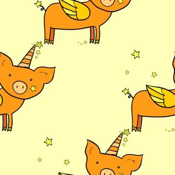 Seamless pattern. Pig with wings and horn. Cute cartoon character. Design ele Illustrazione stock