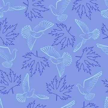 Seamless pattern with pigeons and leaves on a blue background Stock Illustration
