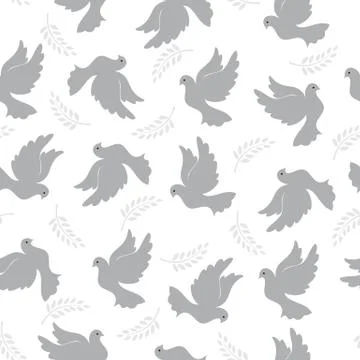 Seamless pattern with pigeons and olive branch for design and decoration. Stock Illustration
