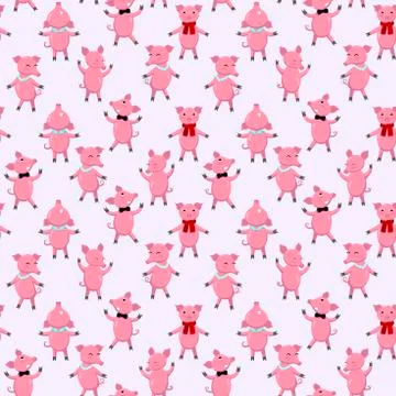 Seamless pattern from pigs of girls and boys. Festival of cheerful pigs. Vector Stock Illustration