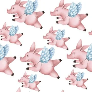 Seamless pattern with pigs with wings. Piggy angel flying in the sky on a white Stock Illustration