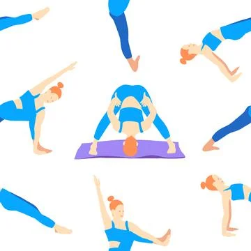 Seamless pattern of pilates yoga poses on mat of rad hair girl in blue suit.. Stock Illustration