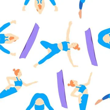 Seamless pattern of pilates yoga poses on mat of rad hair girl in blue suit.. Stock Illustration