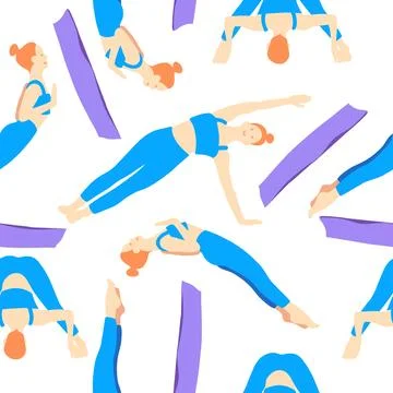 Seamless pattern of pilates yoga poses on mat of rad hair girl in blue suit.. Stock Illustration