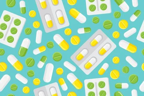 Seamless Pattern with Pills. Blisters with Tablets and Capsules. Flat vector Stock Illustration