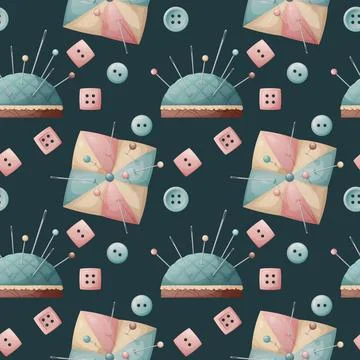 Seamless pattern with a pin cushion and buttons. Sewing atelier, needlework.. Stock Illustration