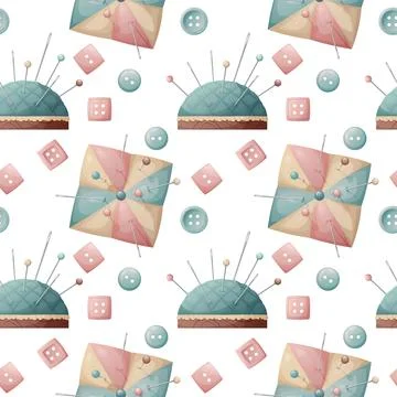 Seamless pattern with a pin cushion and buttons. Sewing atelier, needlework.. Illustrazione stock