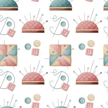 Seamless pattern with a pin cushion and buttons. Sewing atelier, needlework.. Stock Illustration