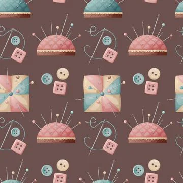 Seamless pattern with a pin cushion and buttons. Sewing atelier, needlework.. Stock Illustration