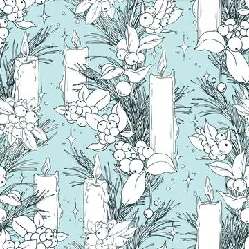 A seamless pattern with pine and snowberry branches and candles. A hand-drawn Stock Illustration