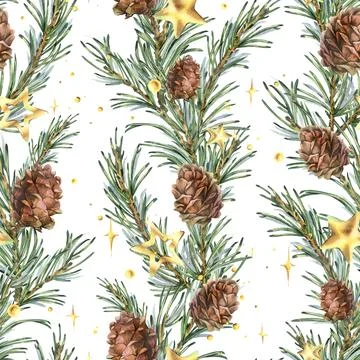 A seamless pattern with pine branches and cones, golden stars, and beads in Stock Illustration