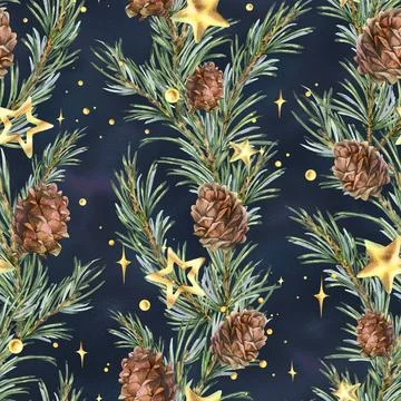 A seamless pattern with pine branches and cones, golden stars, and beads Stock Illustration