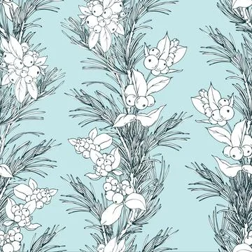 Seamless pattern with pine branches and snowberries. Graphic line art Stock Illustration