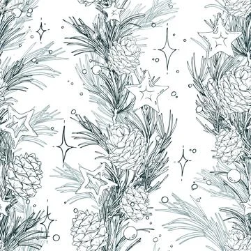 A seamless pattern of pine branches and cones, decorated with star-studded Illustrazione stock