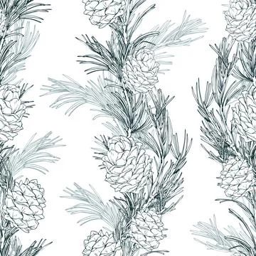 A seamless pattern of pine branches and cones, fluffy classic floral garlands. A Stock Illustration