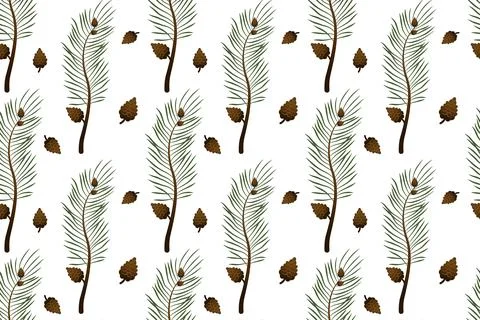 Seamless pattern of pine branches and pine cones. Colorful, flat-style orname Stock Illustration