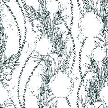 A seamless pattern of pine branches with baubles and beads, floral garlands. A Stock Illustration